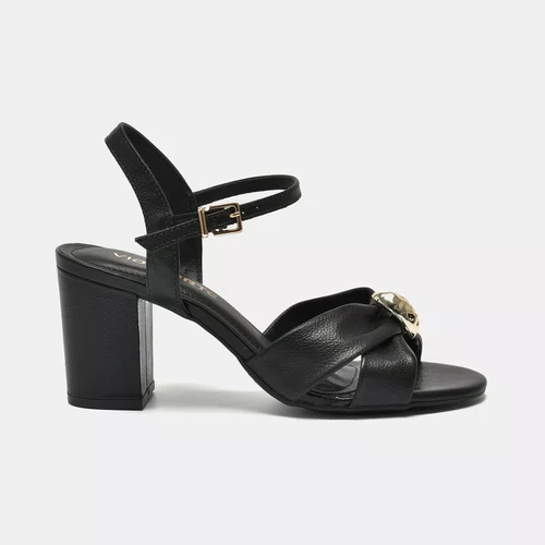 Sandália Feminina Via Marte Couro Preto detalhe Dourado